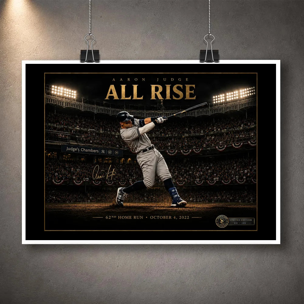 Unframed Aaron Judge All Rise baseball artwork showing his 62nd home run under bright stadium lights