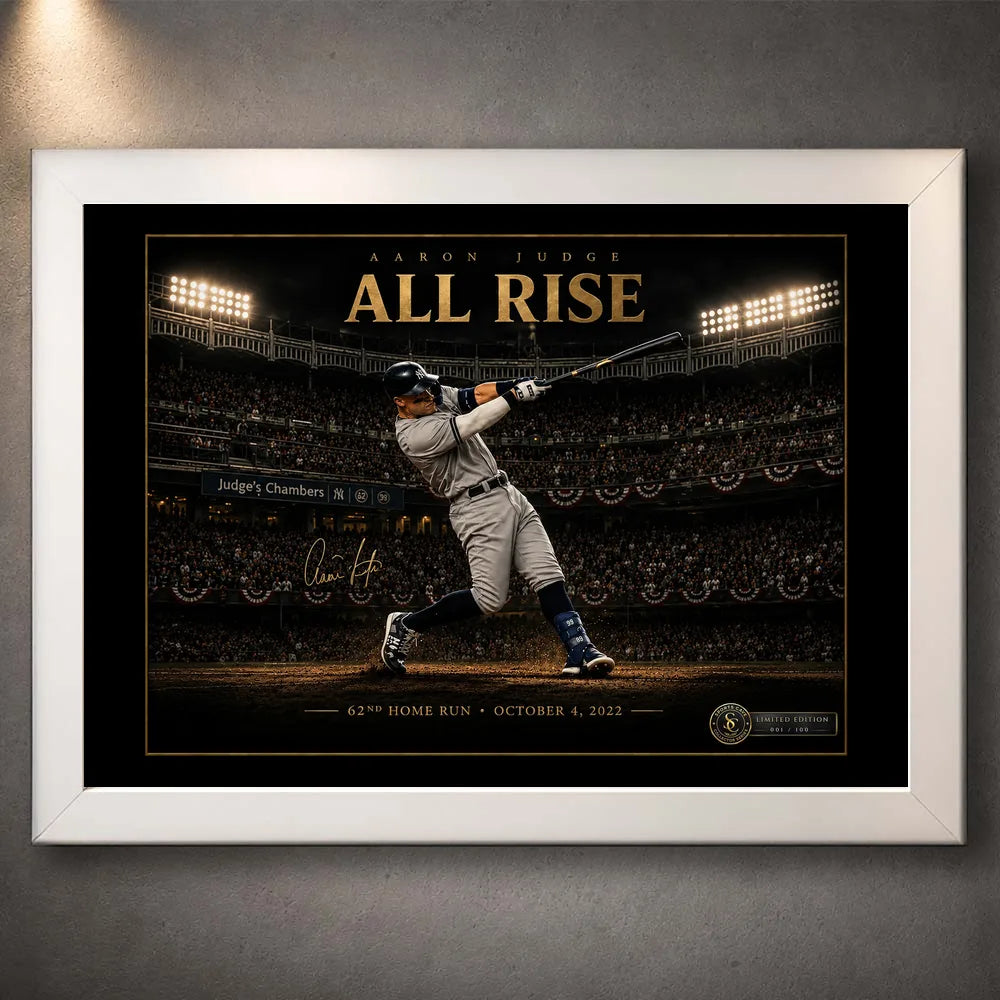 White framed Aaron Judge All Rise baseball wall art showing his record-setting home run in a packed stadium