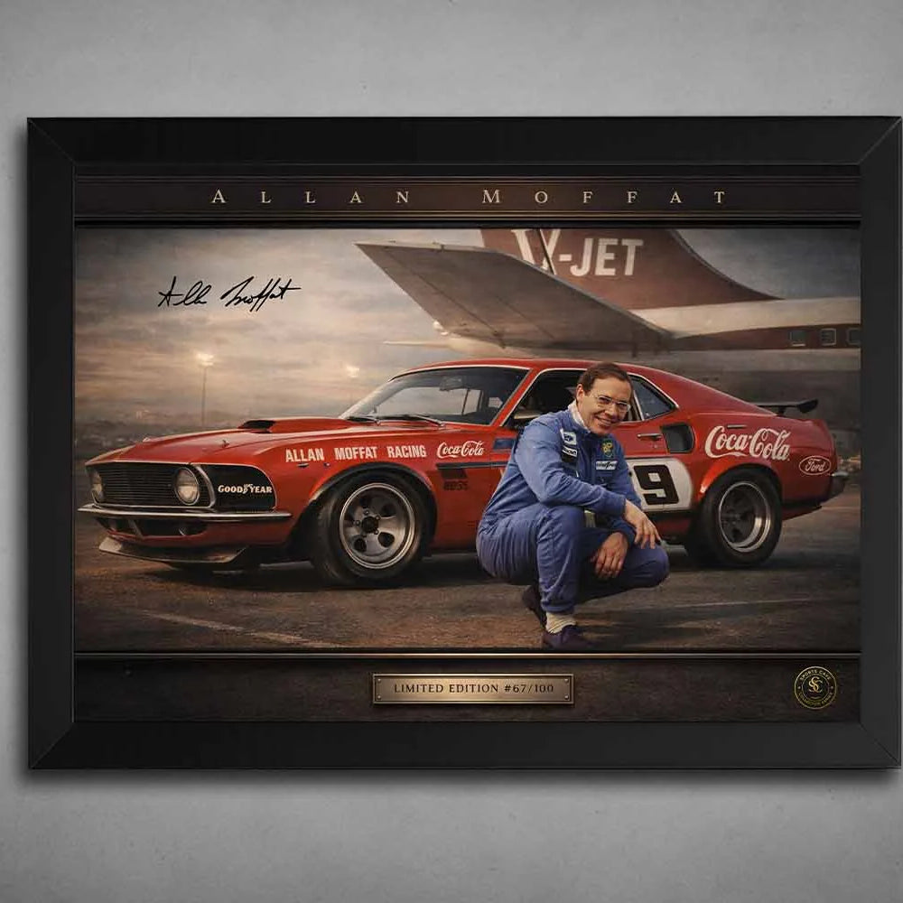 Black framed Allan Moffat racing artwork featuring his iconic red car, designed as premium framed sports art for collectors.