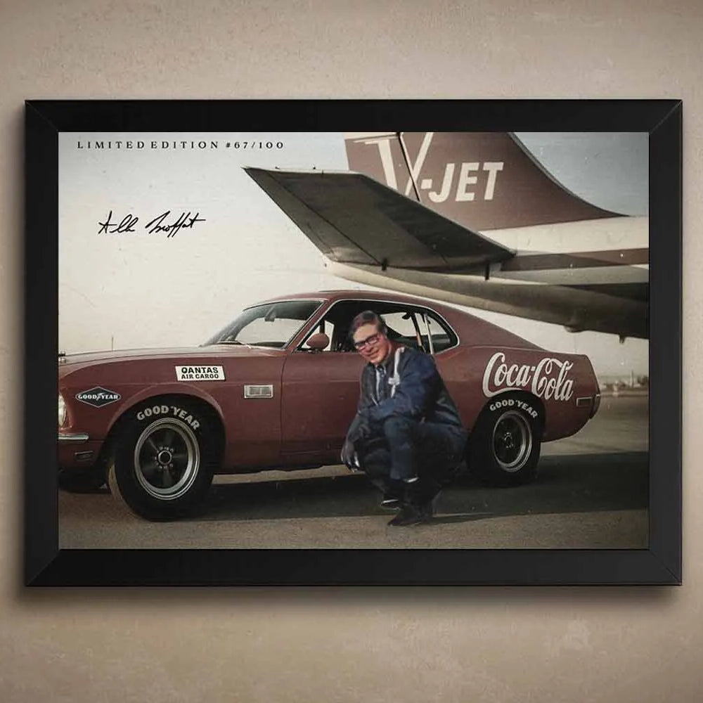 Framed sports wall art of Allan Moffat with Ford Falcon at Bathurst sunset, celebrating iconic Australian motorsport history.