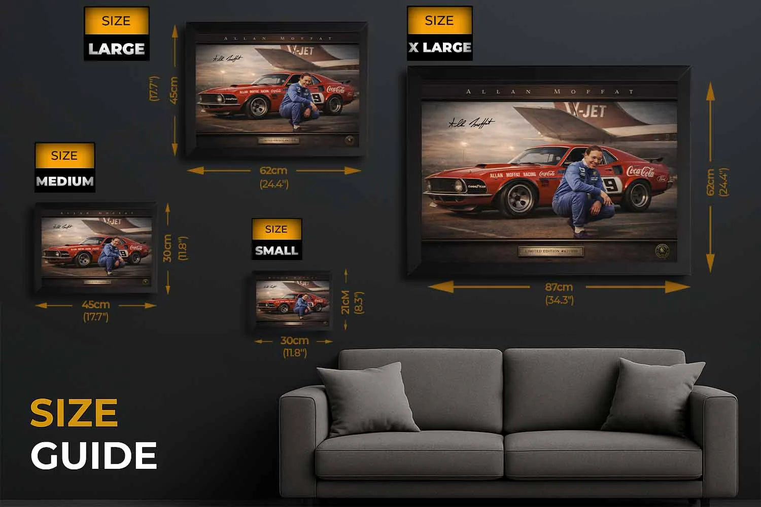 Allan Moffat racing wall art size guide showing multiple frame dimensions to suit different spaces and sports wall art displays.