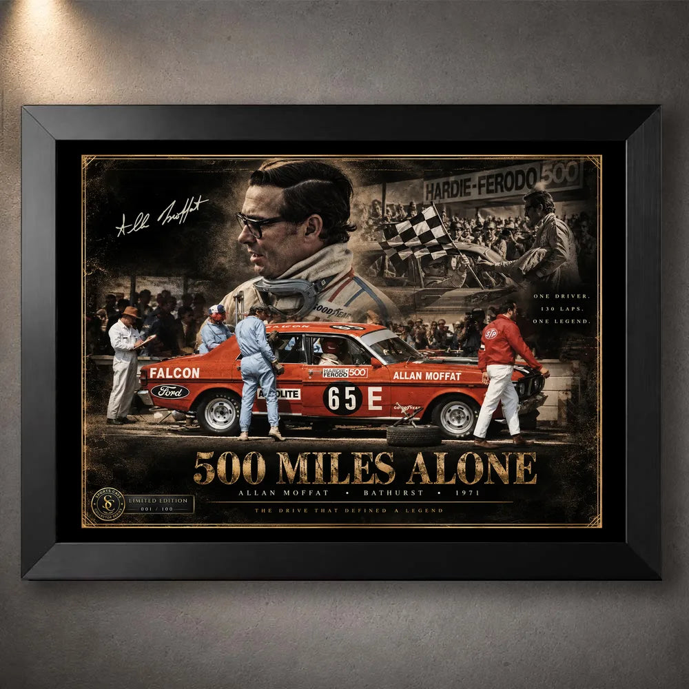 Black framed Allan Moffat 500 Miles Alone motorsport wall art featuring the 1971 Bathurst tribute design.
