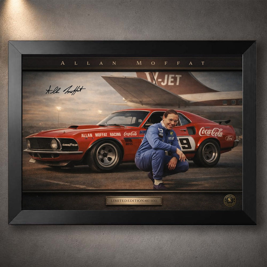 Black framed Allan Moffat sports wall art celebrating Aussie motorsport heritage for V8 collectors and man caves.