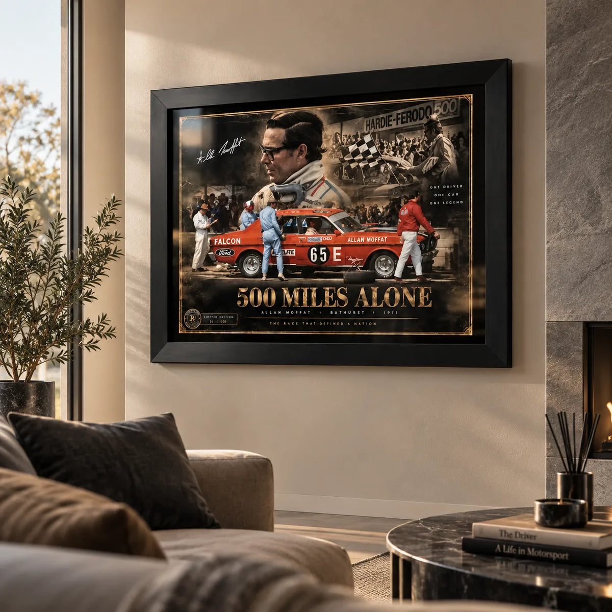 Allan Moffat 500 Miles Alone wall art displayed in a warm living room with a black frame.