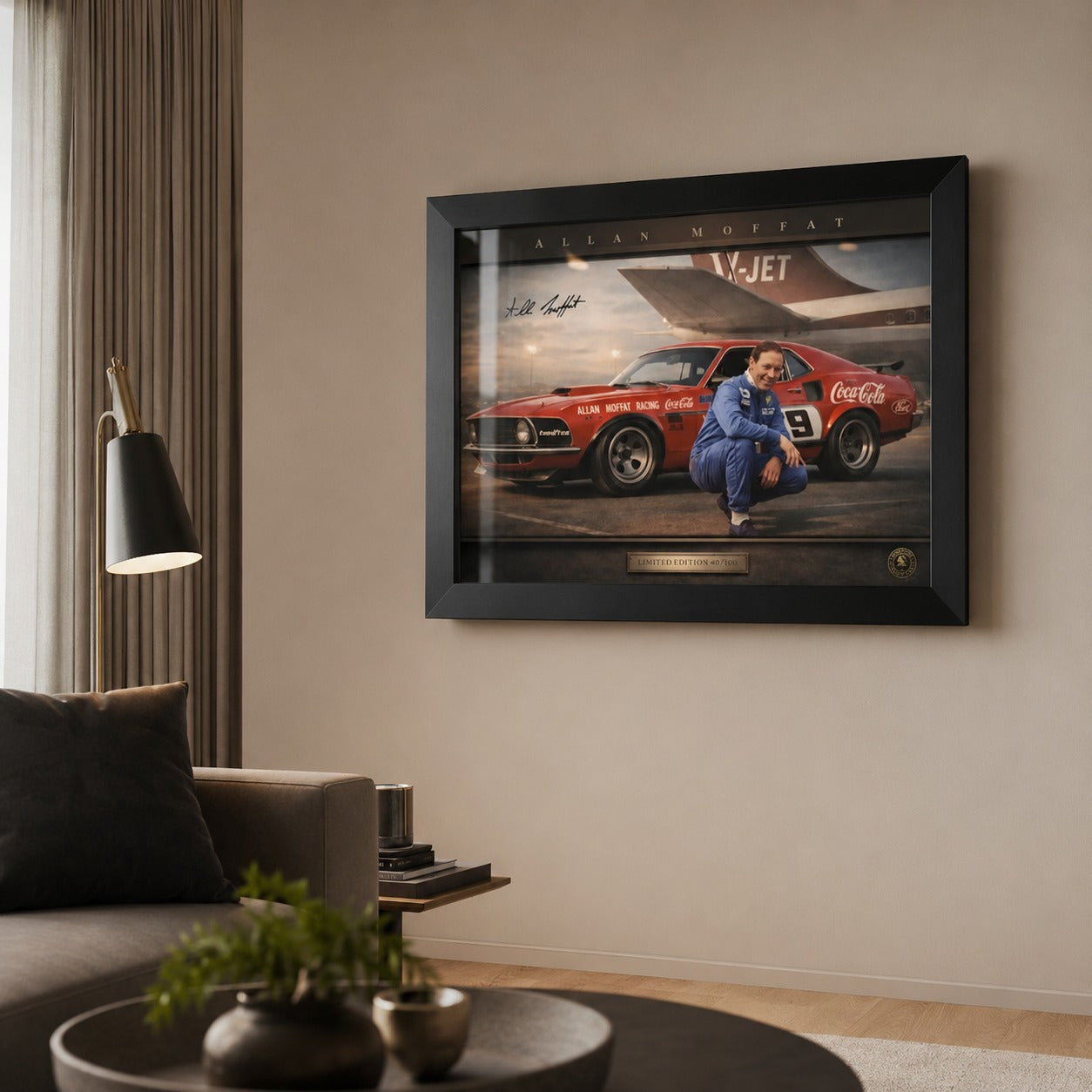 Allan Moffat sports wall art styled in a modern living room for Australian motorsport collectors and V8 fans.