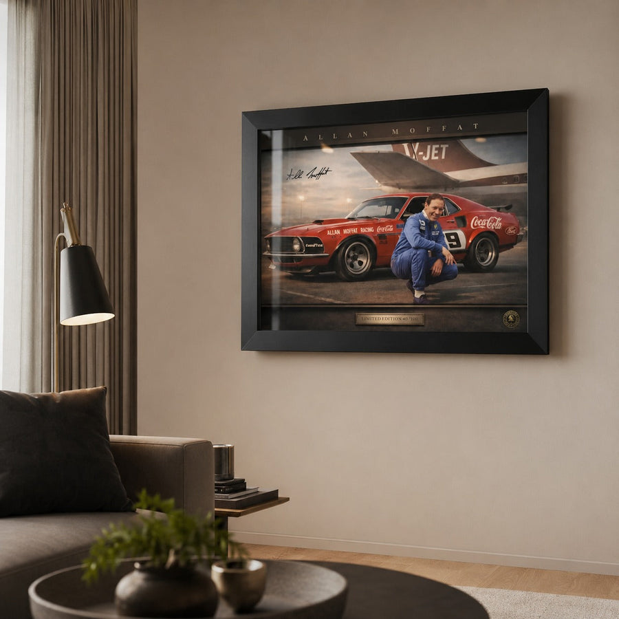 Allan Moffat sports wall art styled in a modern living room for Australian motorsport collectors and V8 fans.