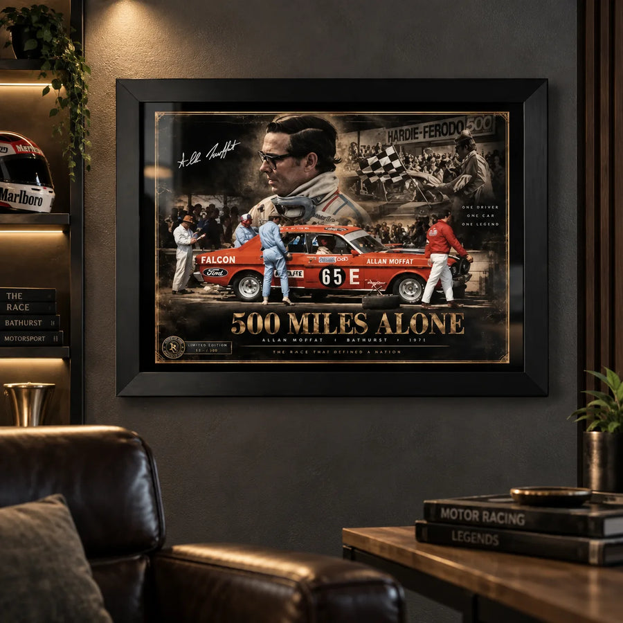 Allan Moffat 500 Miles Alone wall art displayed in a dark man cave setting for motorsport collectors.
