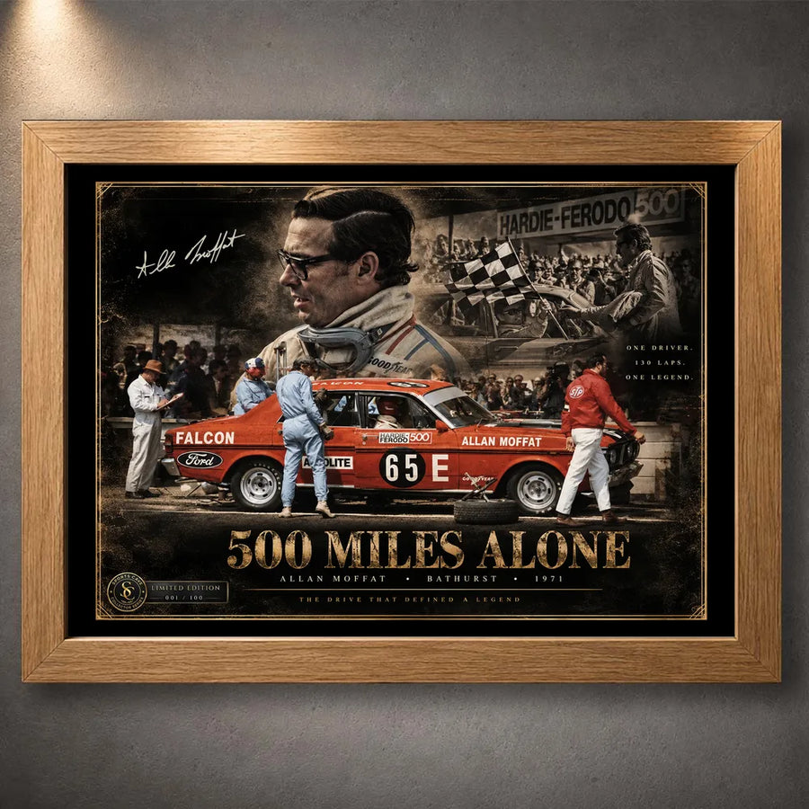 Oak framed Allan Moffat 500 Miles Alone motorsport wall art for Bathurst and Ford racing fans.
