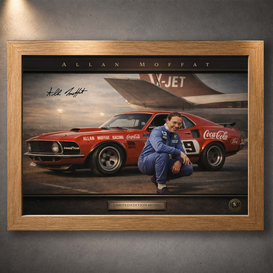 Oak framed Allan Moffat limited edition sports print with collector styling for fans of Australian motor racing history.