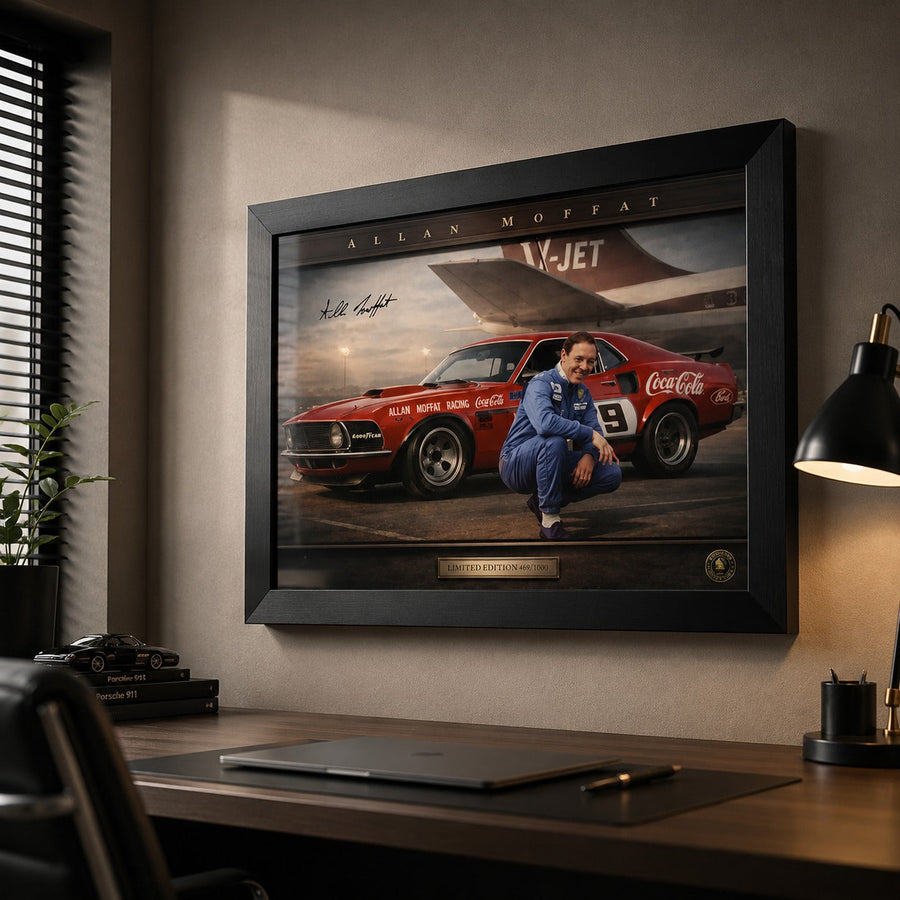 Allan Moffat framed sports art styled in a modern office for collectors of classic Australian motorsport history.