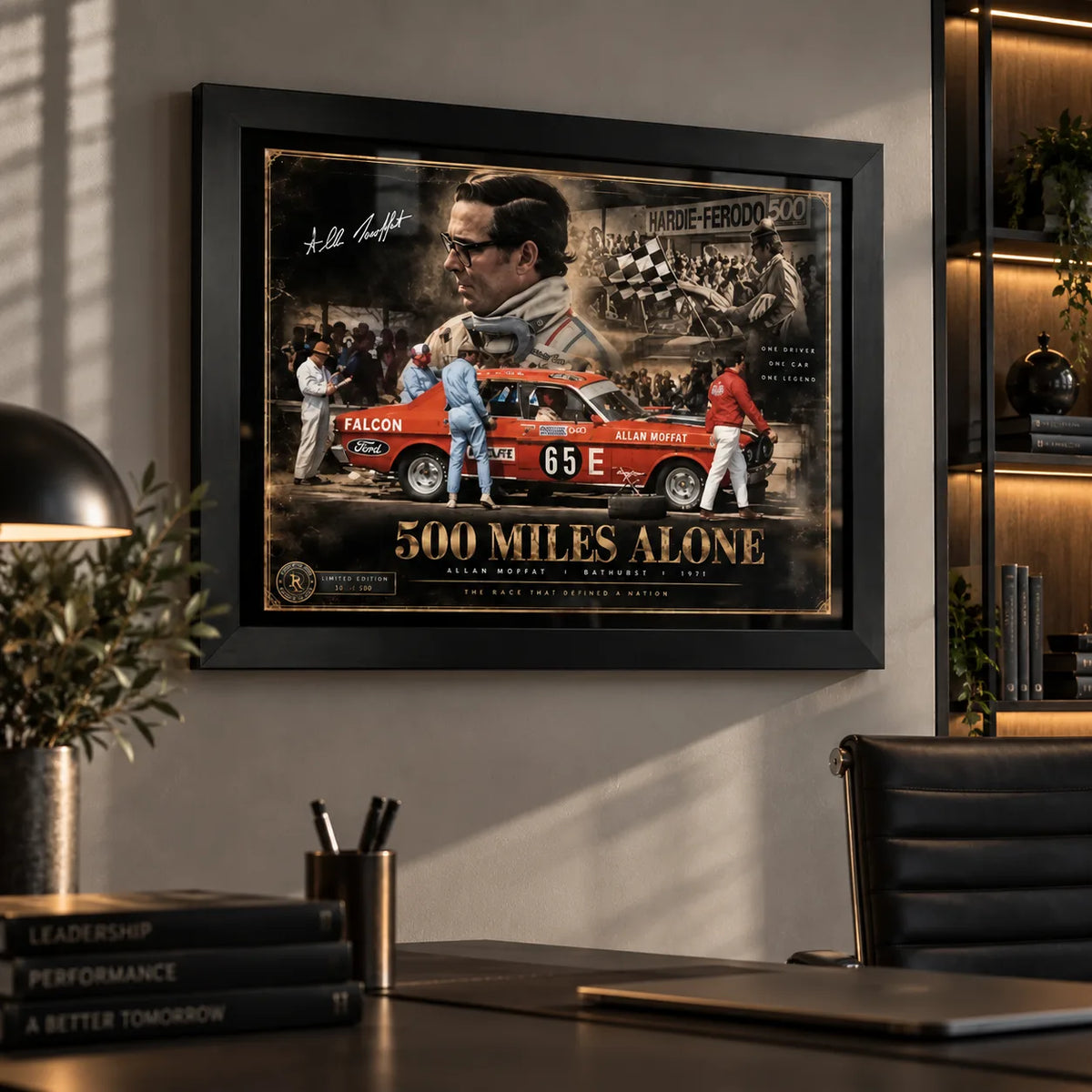 Allan Moffat 500 Miles Alone wall art displayed in a modern office with a premium black frame.