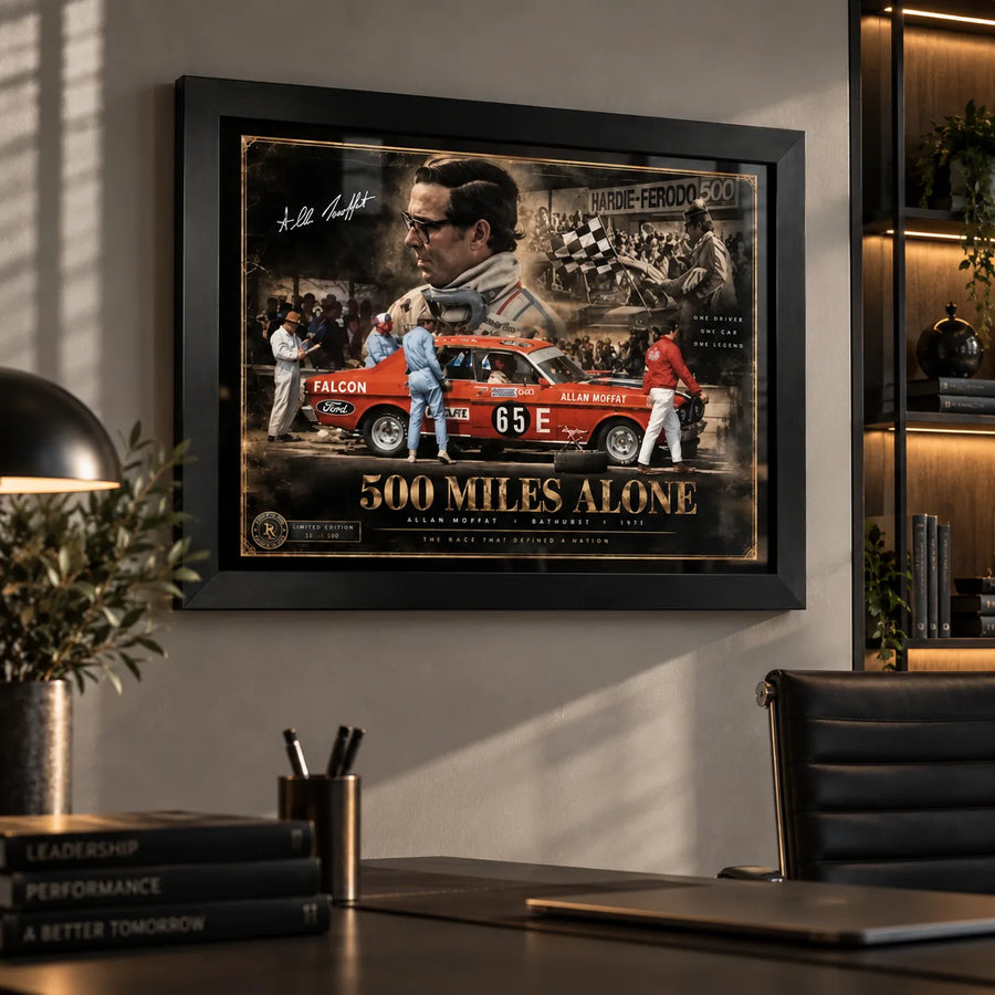 Allan Moffat 500 Miles Alone wall art displayed in a modern office with a premium black frame.
