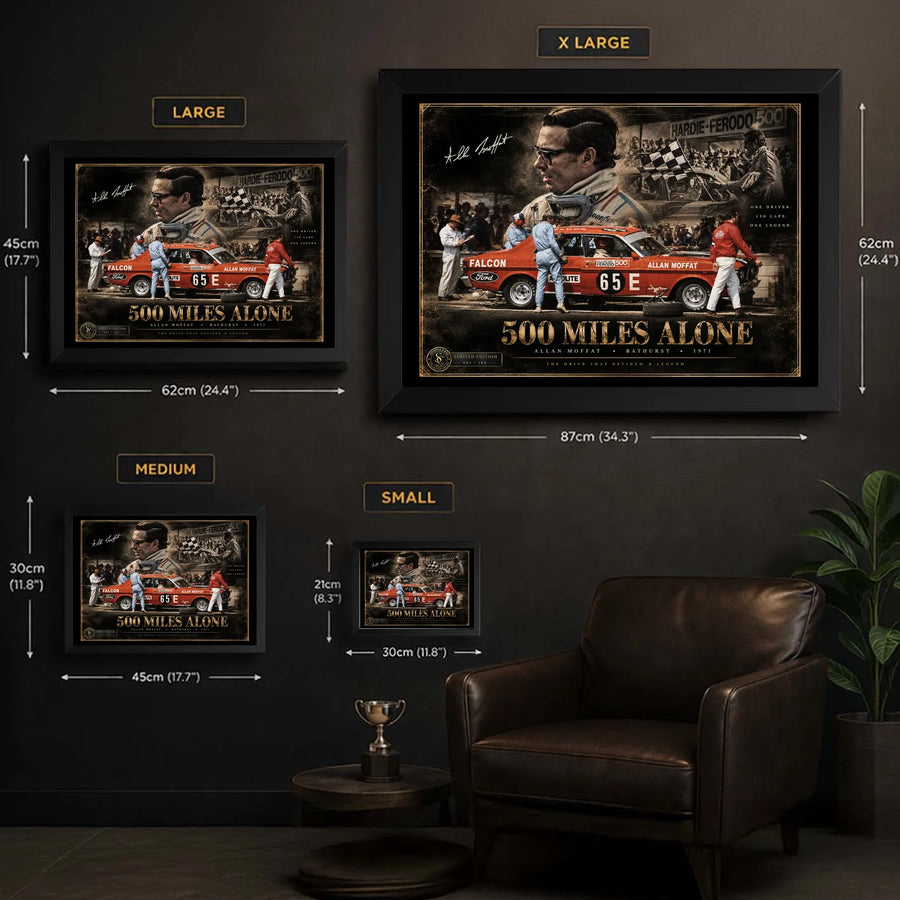 Allan Moffat 500 Miles Alone wall art size guide showing the available framed print dimensions.
