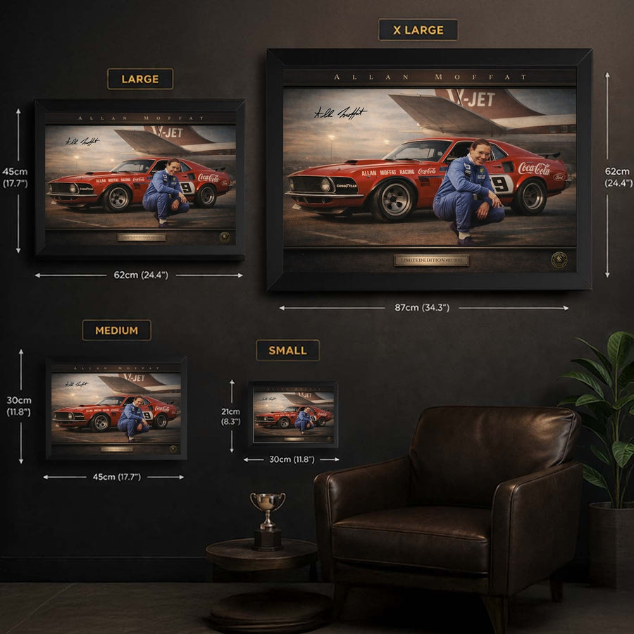 Allan Moffat motorsport wall art size guide showing framed options for Australian V8 racing collectors and man caves.