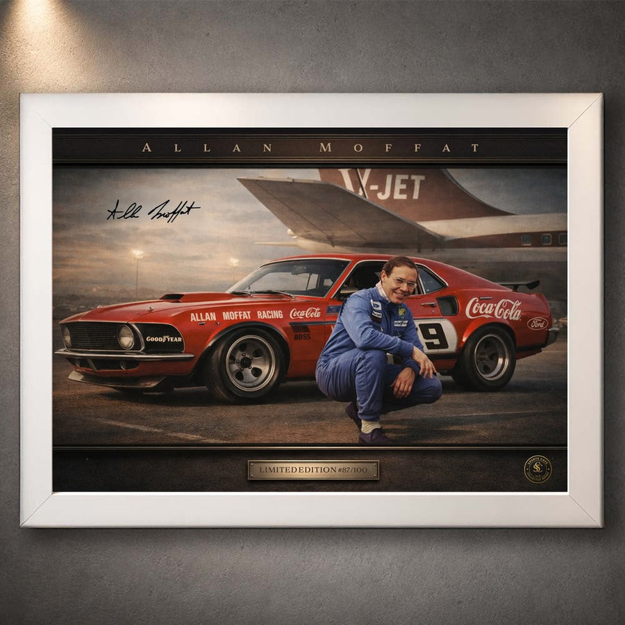 White framed Allan Moffat sports posters Australia tribute featuring classic V8 racing heritage for dedicated collectors.