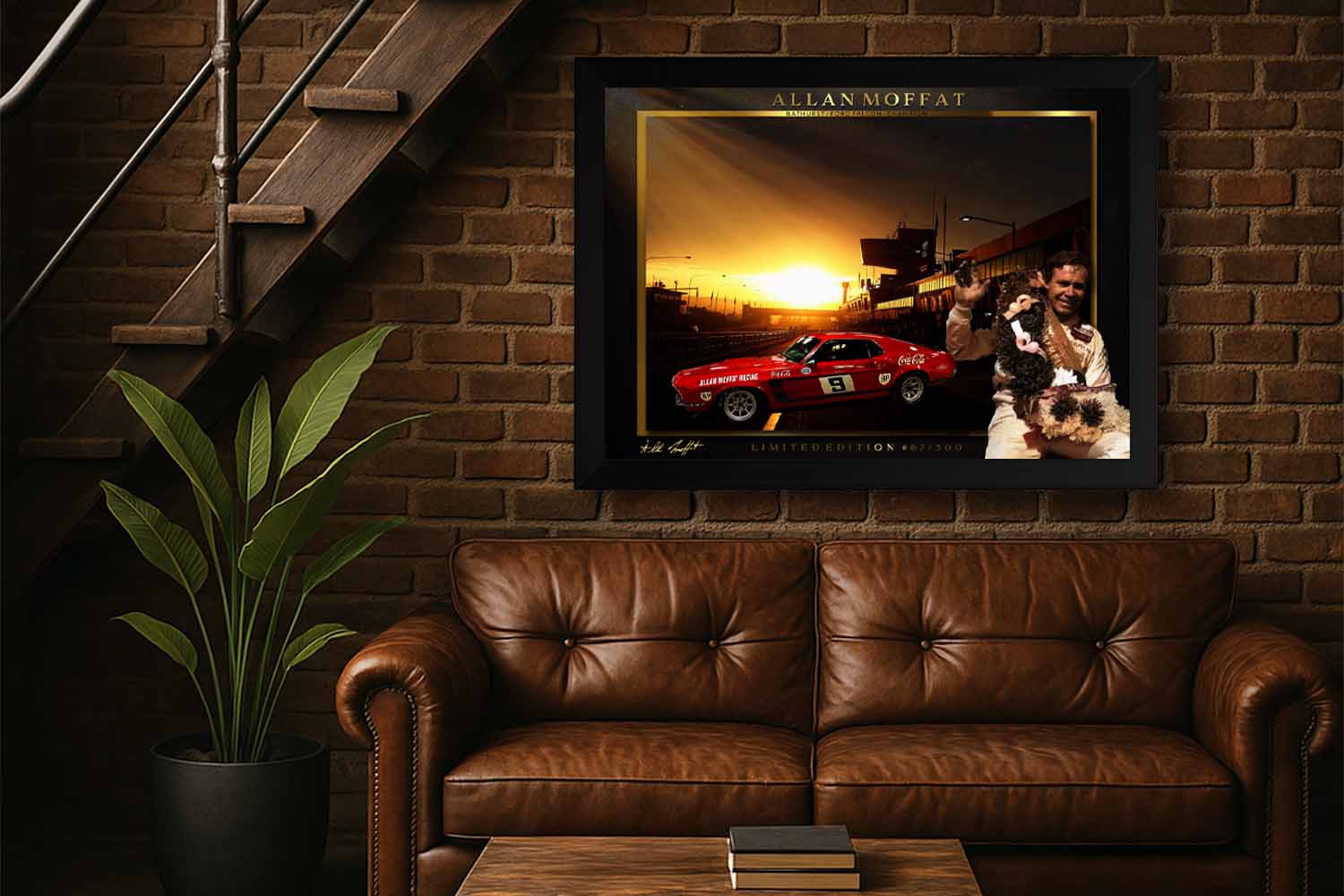 Framed sports wall art of Allan Moffat in a man cave setting, perfect for collectors of premium sports memorabilia.