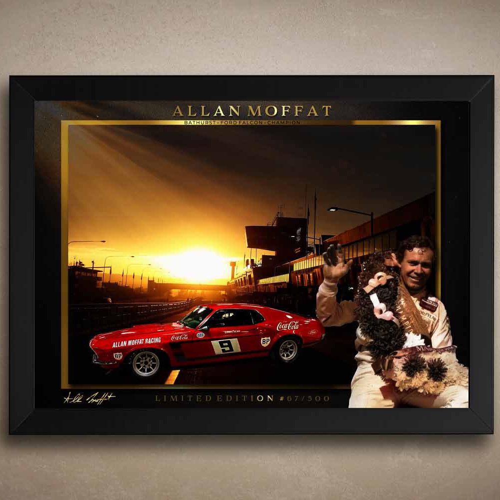 Framed sports wall art of Allan Moffat with Ford Falcon at Bathurst sunset, celebrating iconic Australian motorsport history.