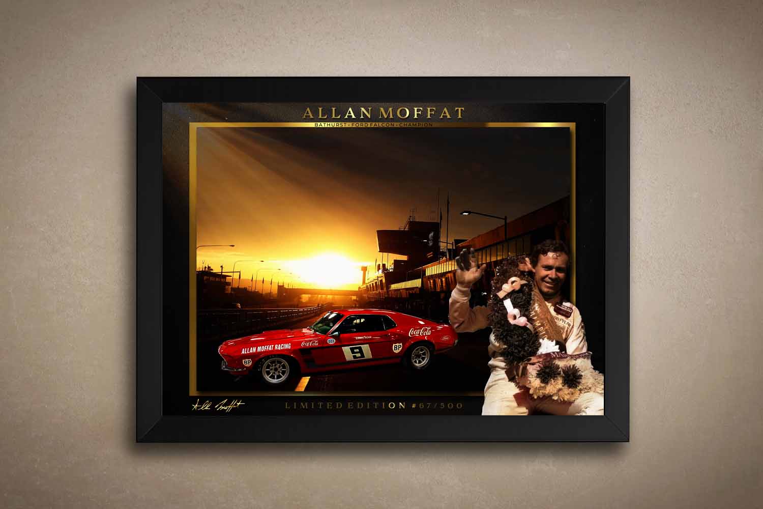 Framed sports wall art of Allan Moffat with Ford Falcon at Bathurst sunset, celebrating iconic Australian motorsport history.