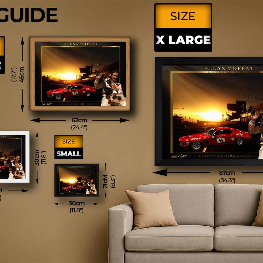 Size guide for Allan Moffat framed sports memorabilia showing small to XL display options, perfect for man cave wall décor.