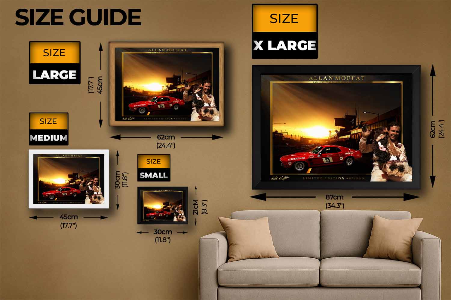 Size guide for Allan Moffat framed sports memorabilia showing small to XL display options, perfect for man cave wall décor.