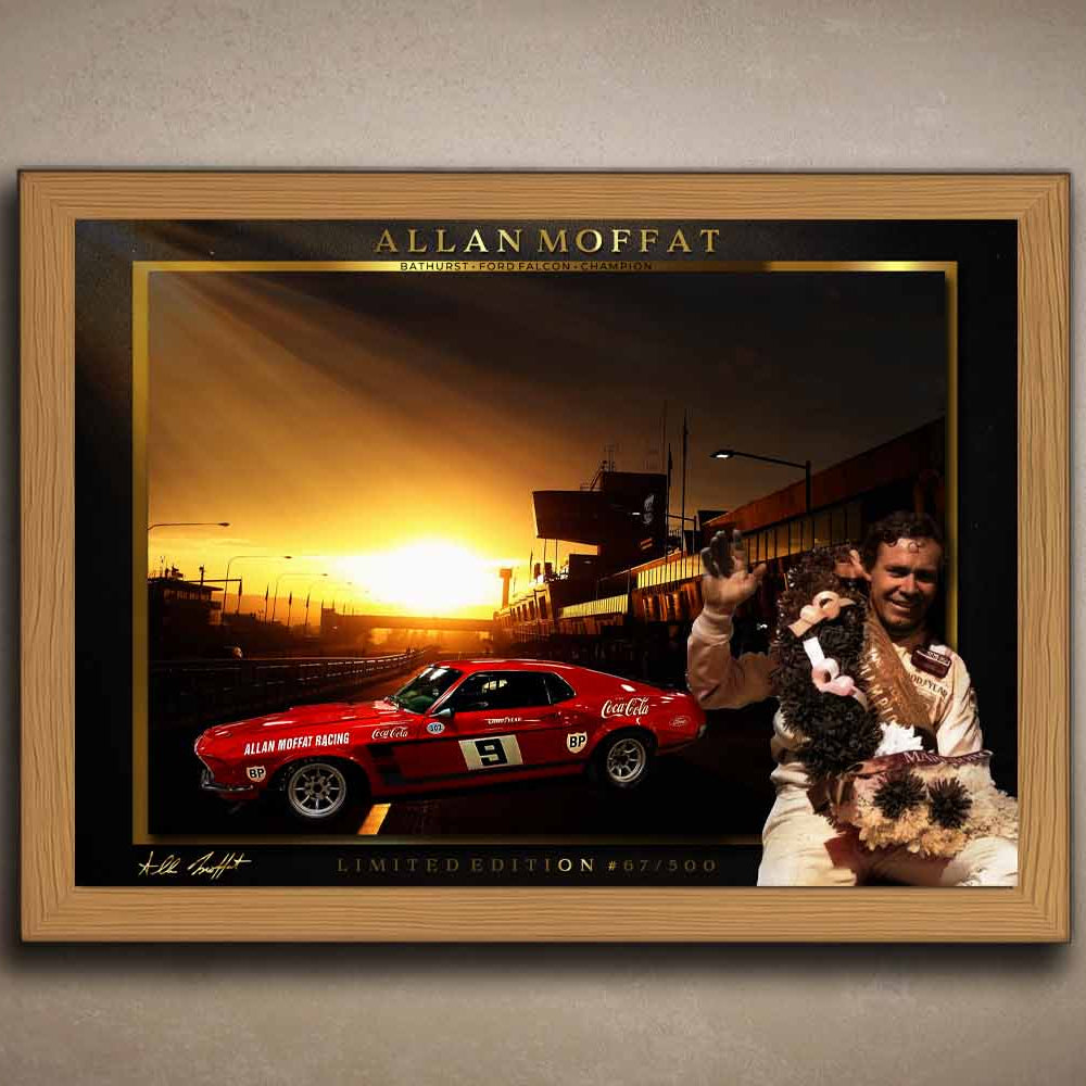 Oak-framed sports art of Allan Moffat at Bathurst, a limited edition sports print perfect for man cave wall décor collectors.