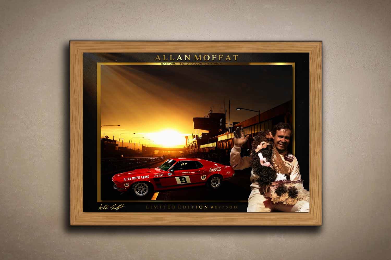 Oak-framed sports art of Allan Moffat at Bathurst, a limited edition sports print perfect for man cave wall décor collectors.