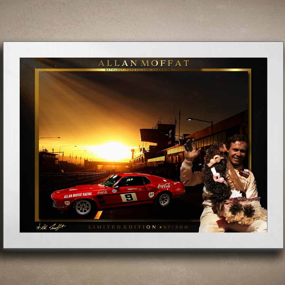 White-framed sports art print of Allan Moffat at Bathurst, a premium framed sports memorabilia piece for true Aussie fans.
