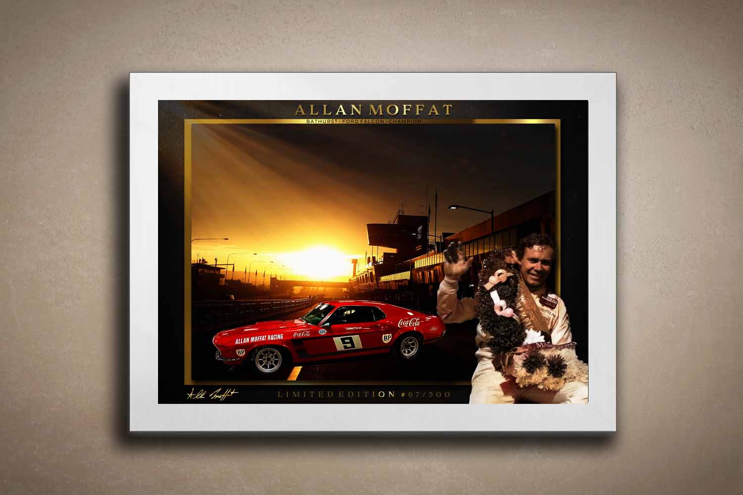 White-framed sports art print of Allan Moffat at Bathurst, a premium framed sports memorabilia piece for true Aussie fans.