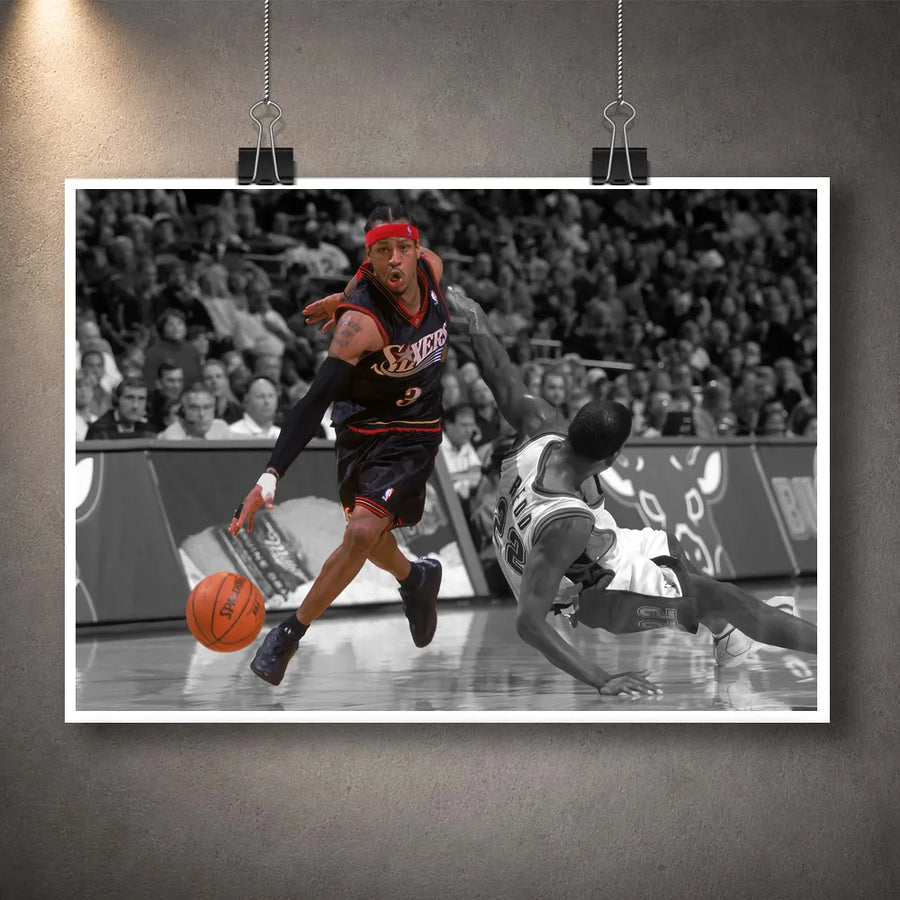 Unframed Allen Iverson basketball art print showing the crossover moment with the defender on the floor.