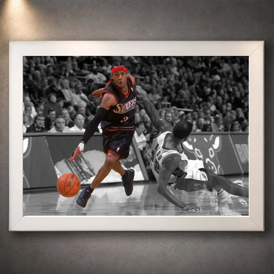 White framed Allen Iverson basketball artwork showing the crossover against a fallen defender.