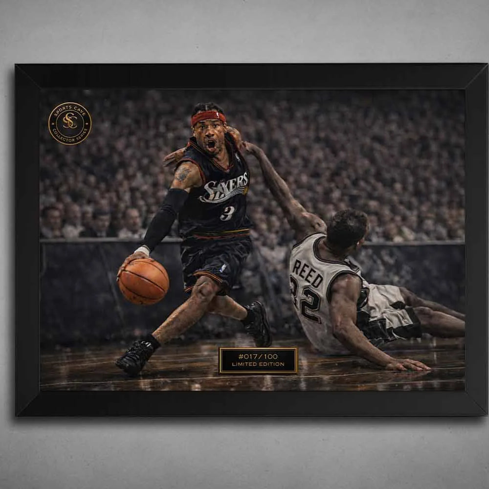 Black framed artwork capturing Allen Iverson’s legendary crossover against Reed, designed as framed sports art for collectors.