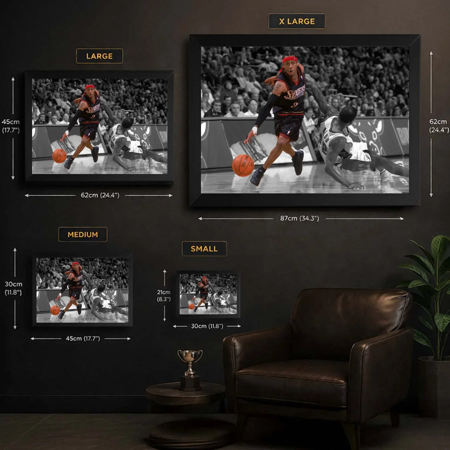 Size guide for Allen Iverson framed basketball wall art showing S, M, L and XL display dimensions.