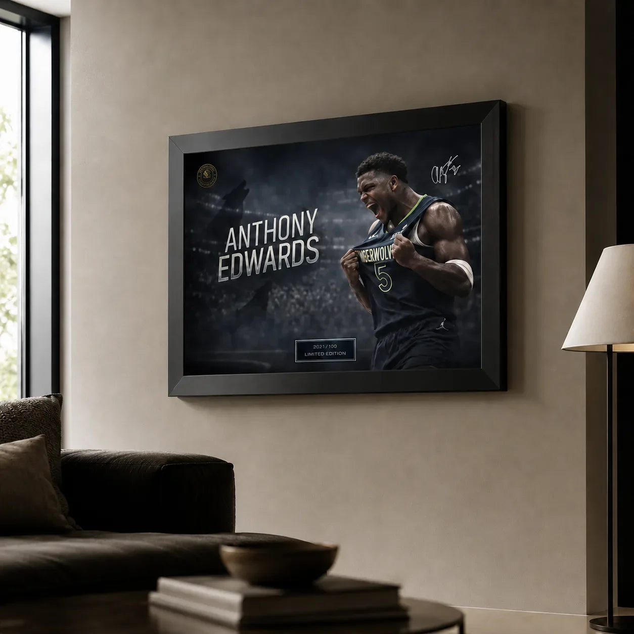 Anthony Edwards basketball wall art in a black frame displayed on a neutral living room wall.