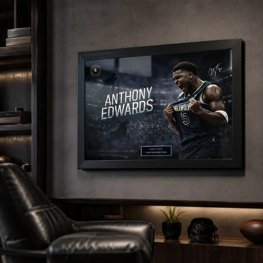 Anthony Edwards framed basketball artwork displayed in a dark sports cave with leather seating.