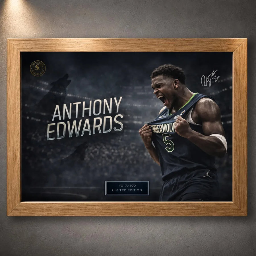 Oak framed Anthony Edwards basketball wall art with dark arena background and bold name typography.