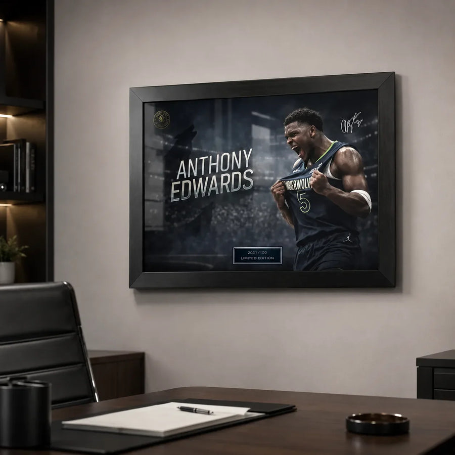 Anthony Edwards basketball wall art in a black frame styled above a modern office desk.