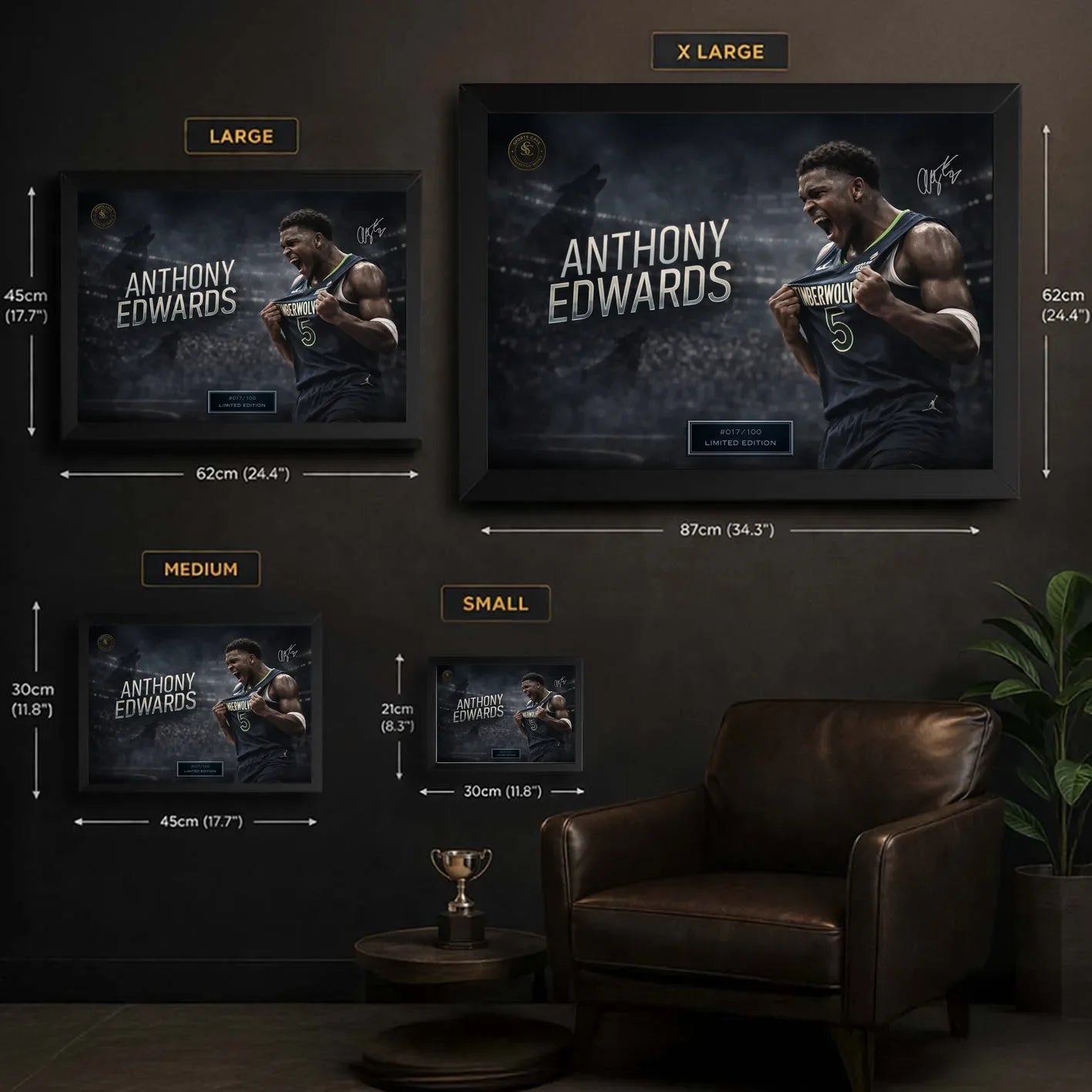 Anthony Edwards basketball wall art size guide showing S, M, L and XL framed print dimensions.