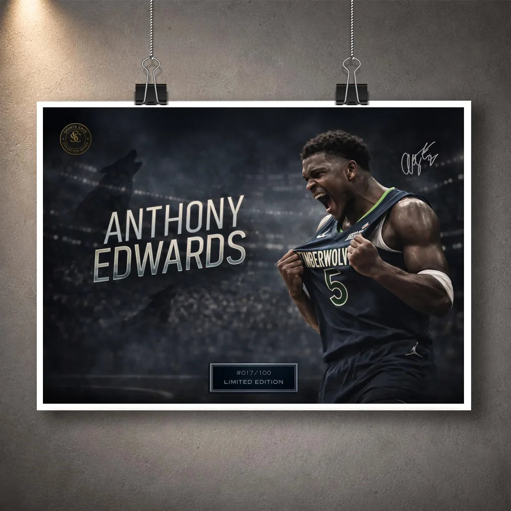 Unframed Anthony Edwards basketball wall art print hanging with clips against a textured wall.
