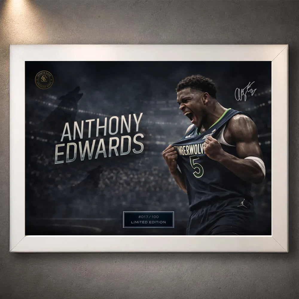 White framed Anthony Edwards basketball wall art with Timberwolves jersey detail and arena crowd.