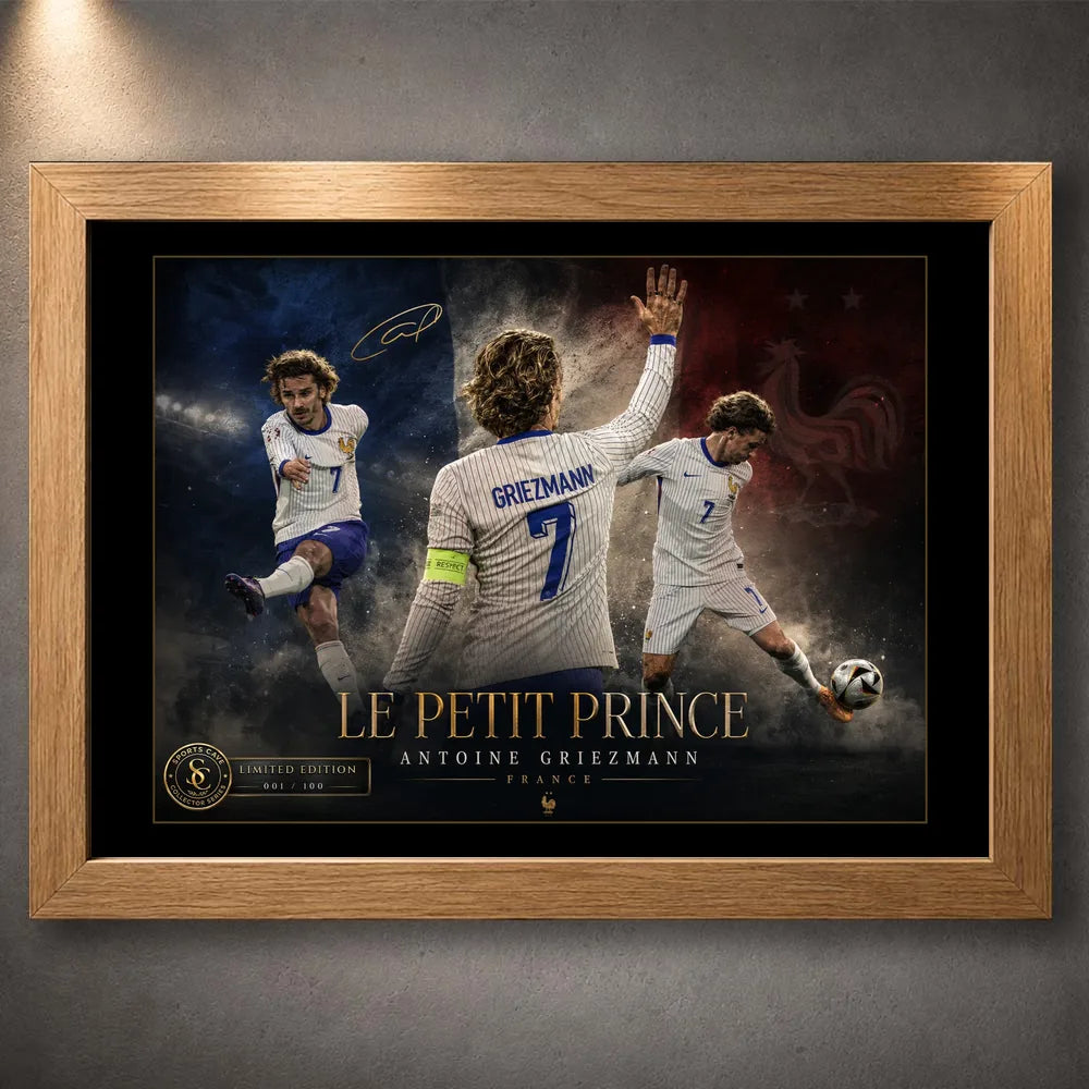 Antoine Griezmann soccer wall art in an oak frame, featuring France-inspired artwork on a dark wall.
