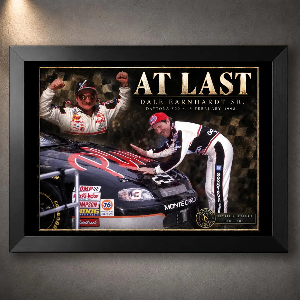 Black framed Dale Earnhardt Sr. NASCAR wall art featuring the At Last collector design.