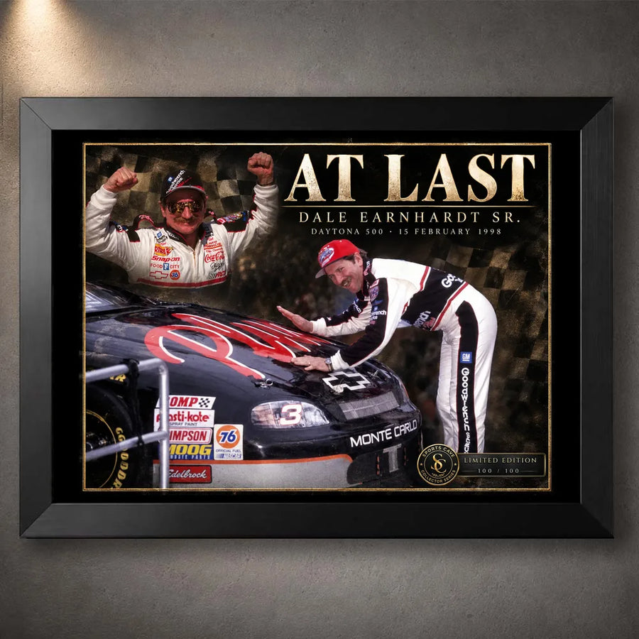 Black framed Dale Earnhardt Sr. NASCAR wall art featuring the At Last collector design.