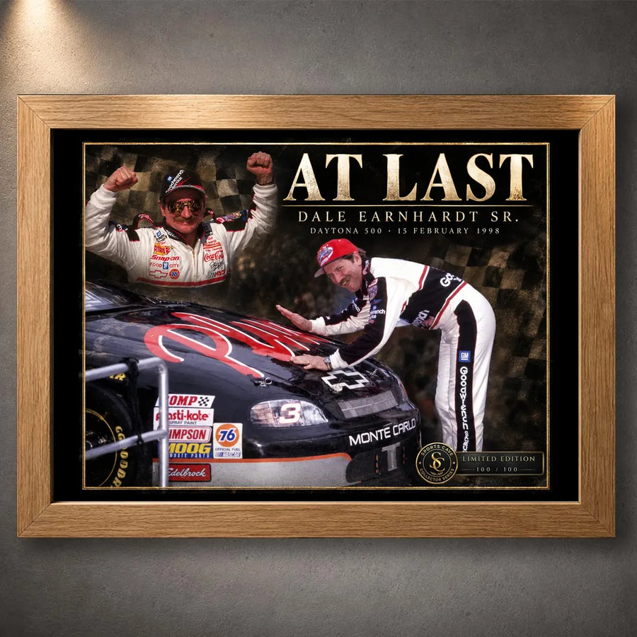 Oak framed Dale Earnhardt Sr. NASCAR wall art featuring the At Last collector design.