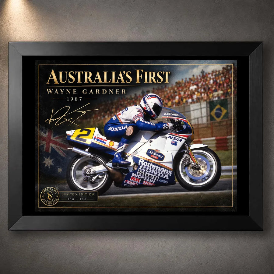 Black framed Wayne Gardner motorsport wall art featuring his 1987 championship tribute in Sports Cave collector presentation.