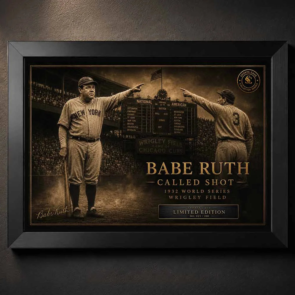 Babe Ruth called shot framed sports wall art in black frame featuring the iconic 1932 World Series moment.