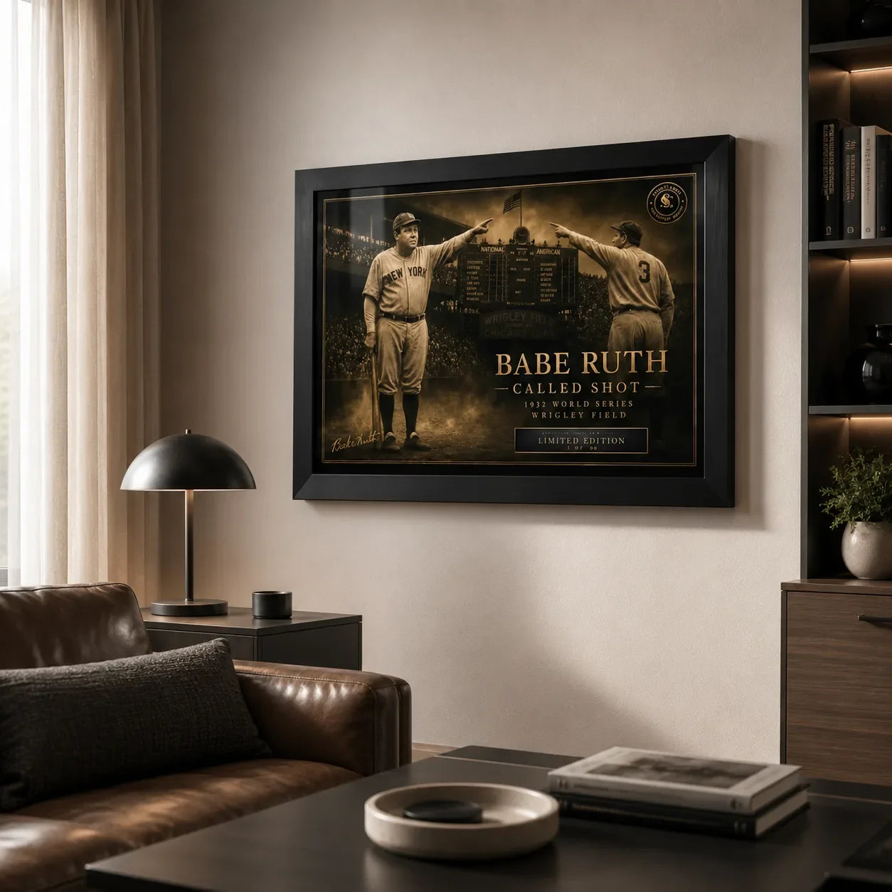 Babe Ruth Called Shot wall art displayed in a premium living room with a black frame and warm neutral styling.