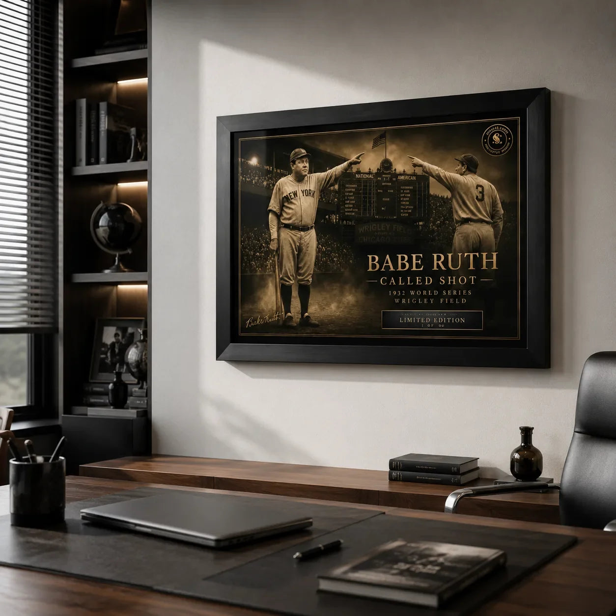 Babe Ruth Called Shot baseball wall art mounted in a modern office with a black frame and natural window light.