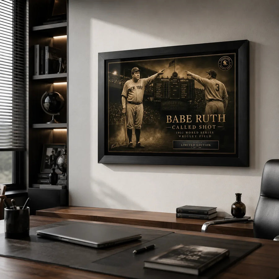 Babe Ruth Called Shot baseball wall art mounted in a modern office with a black frame and natural window light.