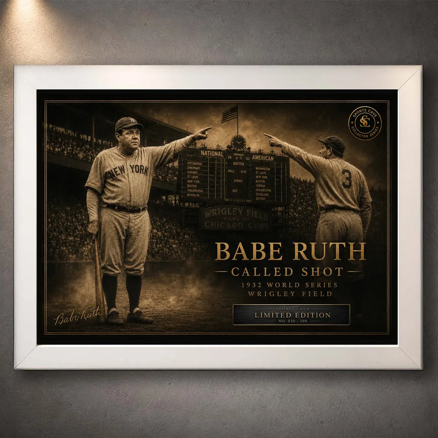 White framed Babe Ruth Called Shot baseball wall art with vintage sepia artwork and collector-series details.