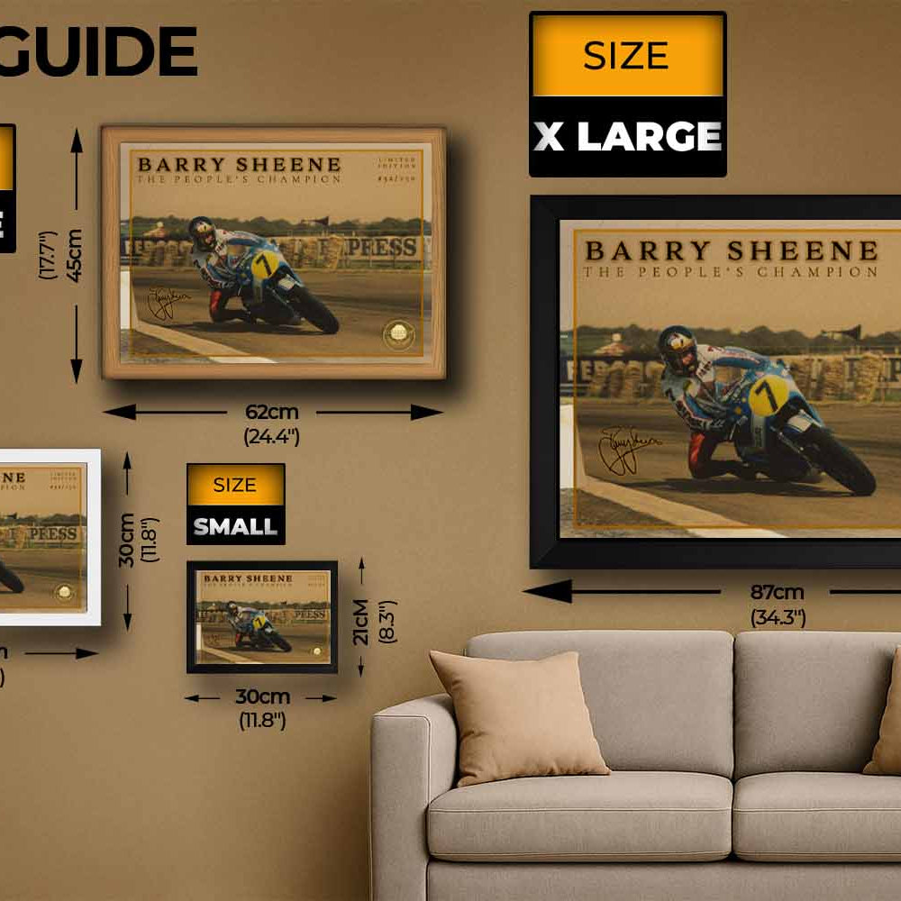 Barry Sheene framed sports art sizing guide showing small to XL print options—perfect wall art for collectors and vintage motorsport fans.